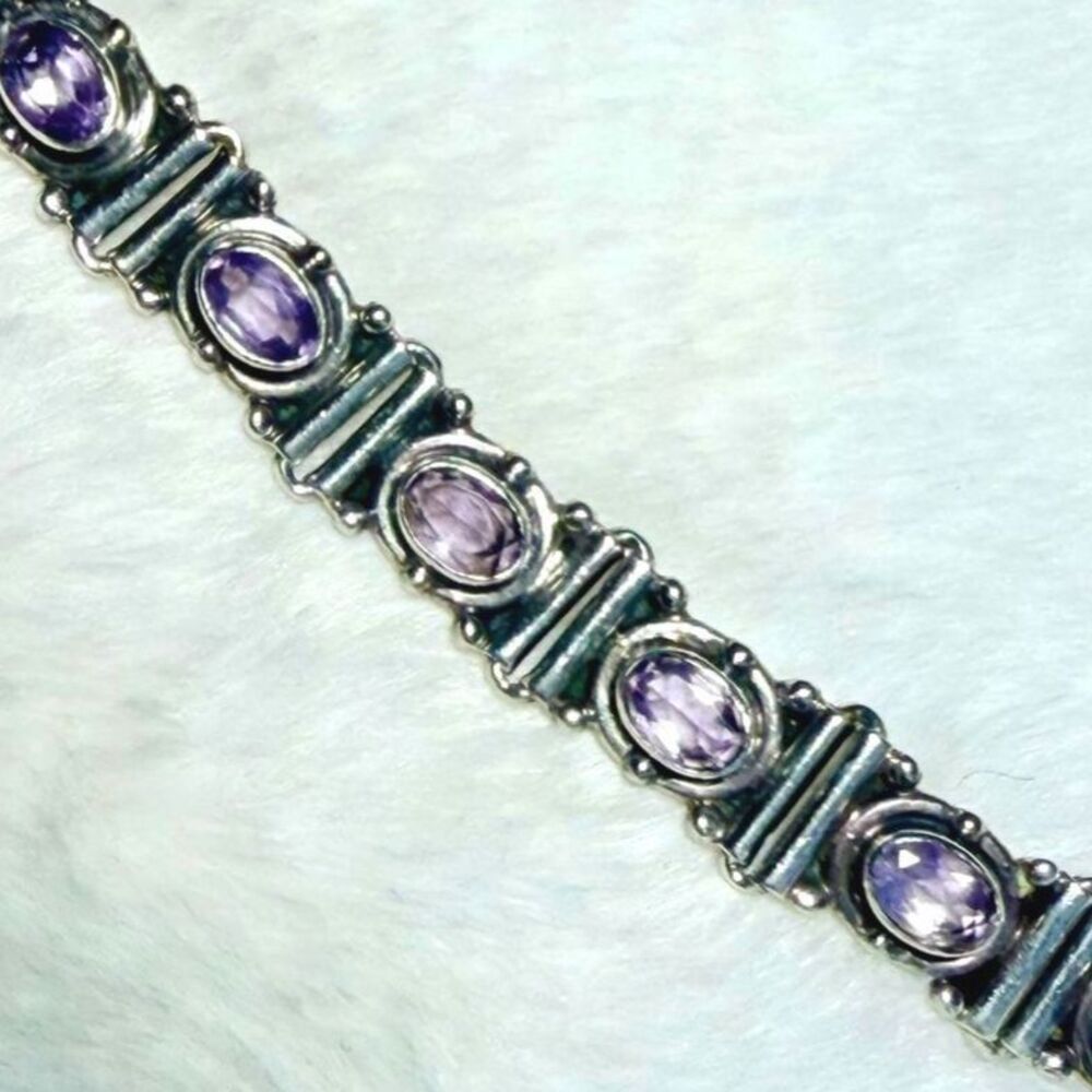 Vintage Sterling Silver & Amethyst Link Bracelet Adj 7" to 7 3/4"